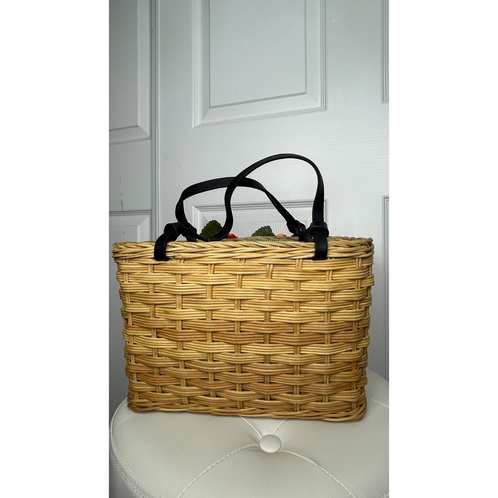 Kate Spade Rare Novelty Wicker Basket Tote Orange Pansy Floral Picnic Bag - Picture 3 of 12